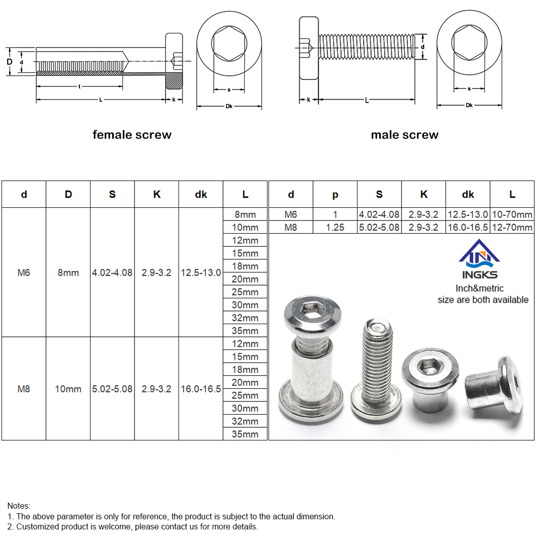 Vis femelle à tête plate chanfreinée à six pans creux + Vis mâle à tête plate chanfreinée à six pans creux-6A-6S1