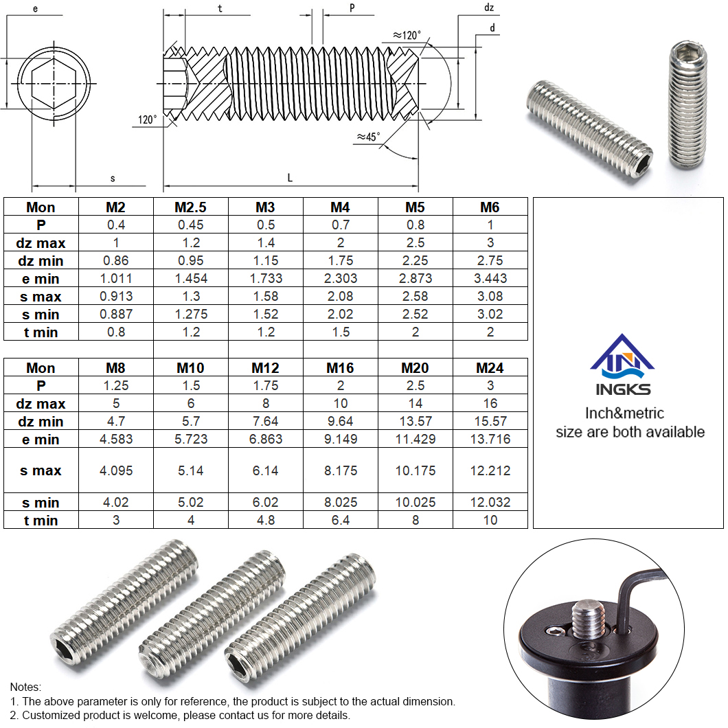 Vis de réglage à pointe de cuvette à six pans creux, taille métrique en pouces SS304 SS316 (4)