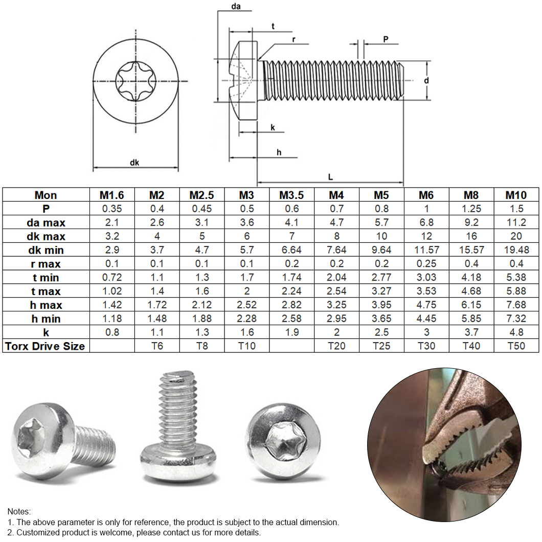 Vis à métaux antivol à tête cylindrique Torx SS304 SS316 en pouces (2)